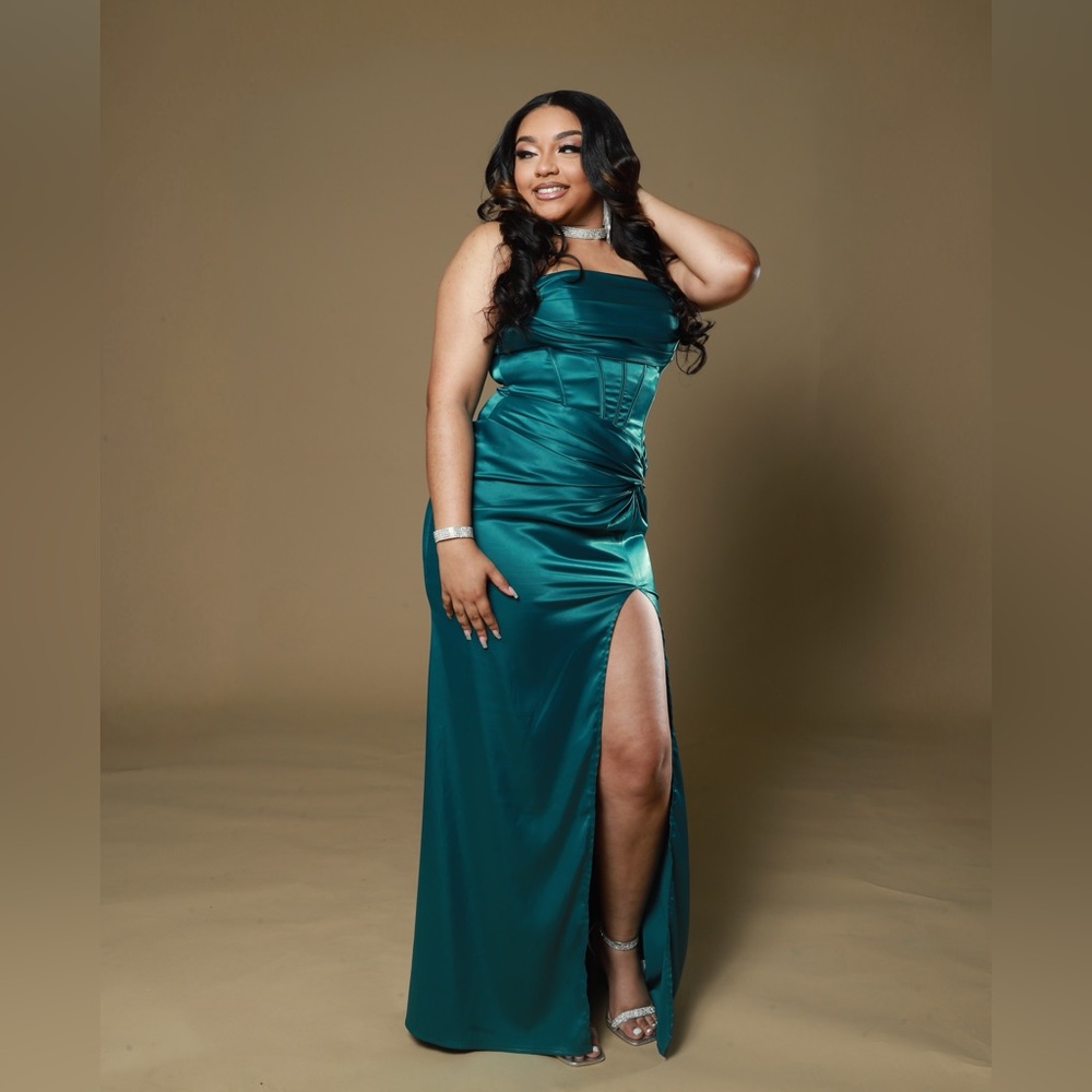 Green Strapless Slit Gown